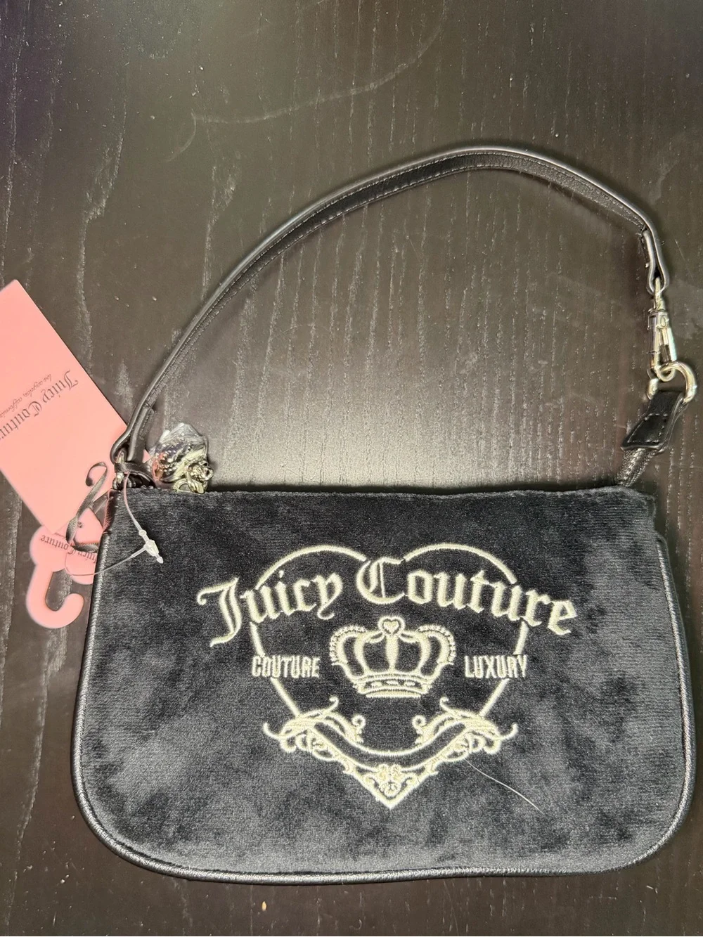 Juicy Couture Girlie Royalty Mini Wristlet Liquorice Black Velour Purse NWT